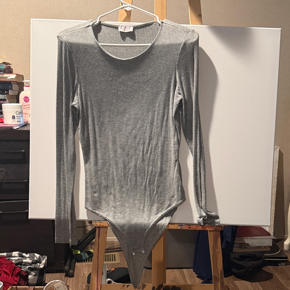 Pink Lily Silver Ribbed Long Sleeve Bodysuit